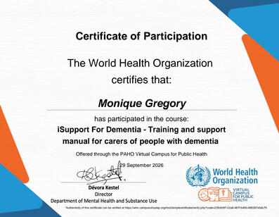 I pursued WHO’s iSupport for Dementia training to deepen my understanding of dementia and provide more informed, thoughtful support to clients and their families.